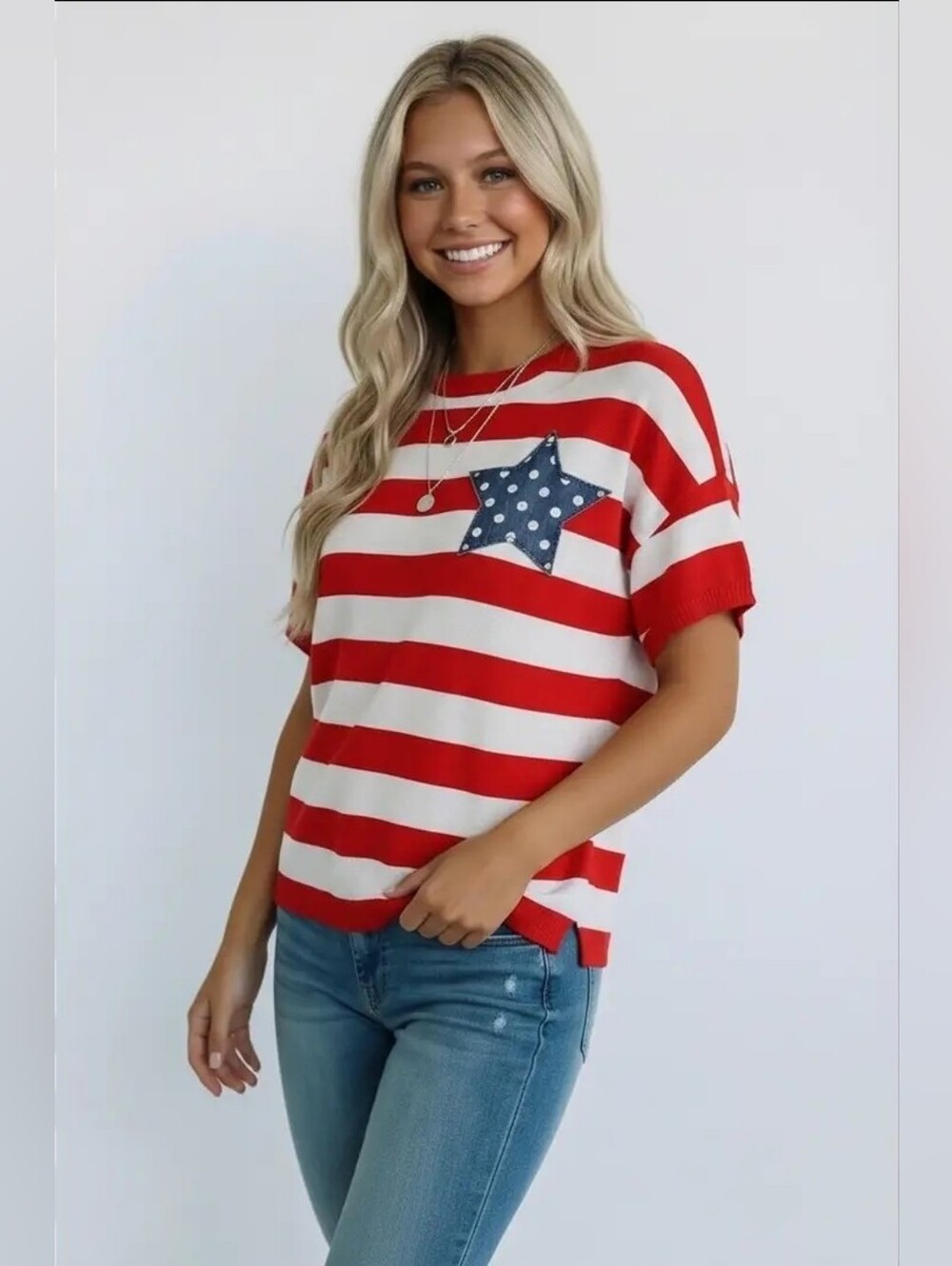 Kori Red & Cream Striped Short-Sleeve Top with Navy Star
